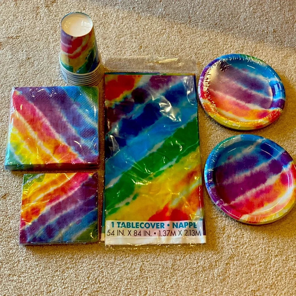 Unique disposable rainbow paper plates, tablecloth, cups, & napkins, multicolor